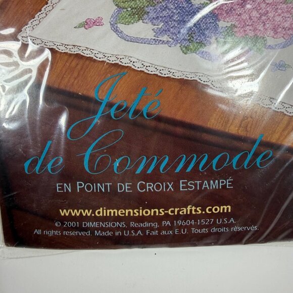 Dimensions Stamped Cross Stitch Dresser Scarf Kit Hydrangea Ribbon Design New - Picture 2 of 3